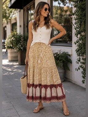 Wonderly Skirt Floral Print Midi Pull On Yellow Tassel Boho